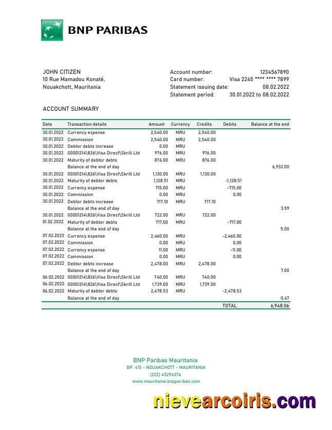 Mauritania BNP Paribas bank statement